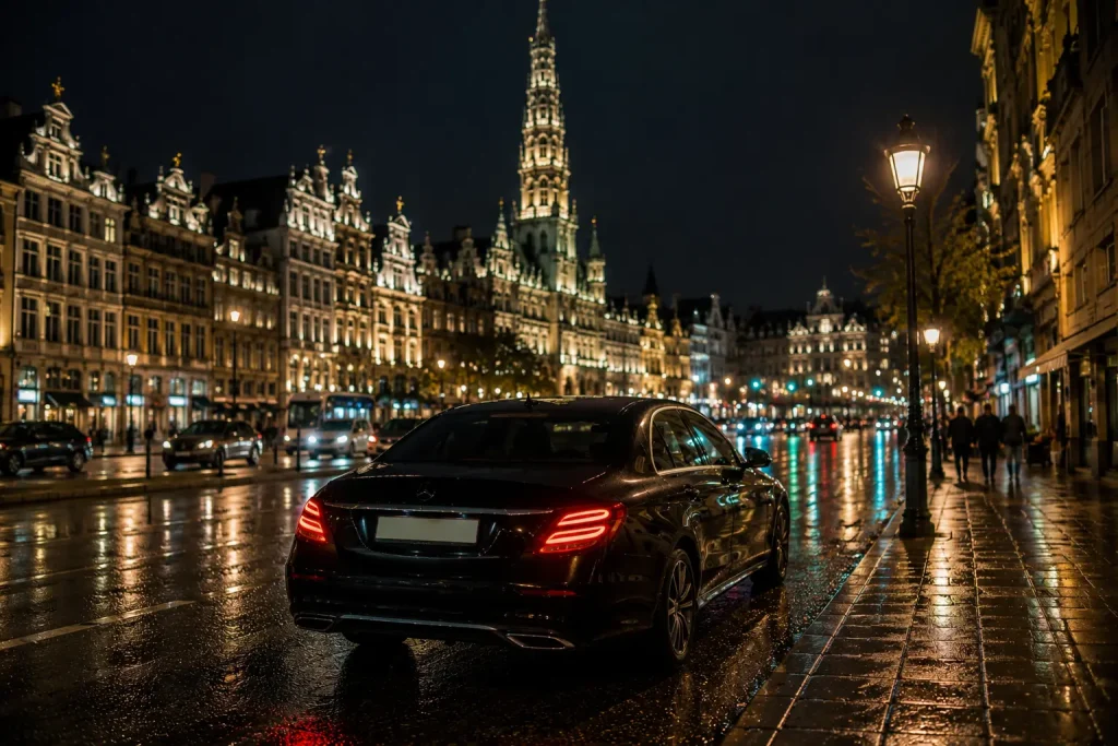 Luxe auto in het nachtelijke centrum van Brussel