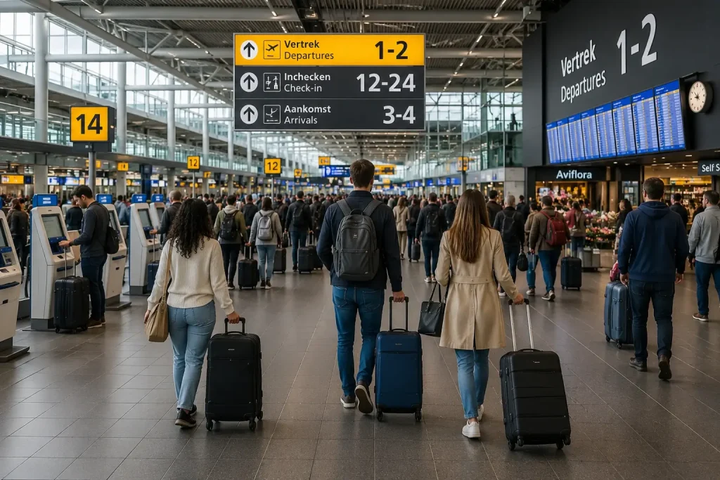 Passagiers met bagage in vertrekhal van Nederlandse luchthaven