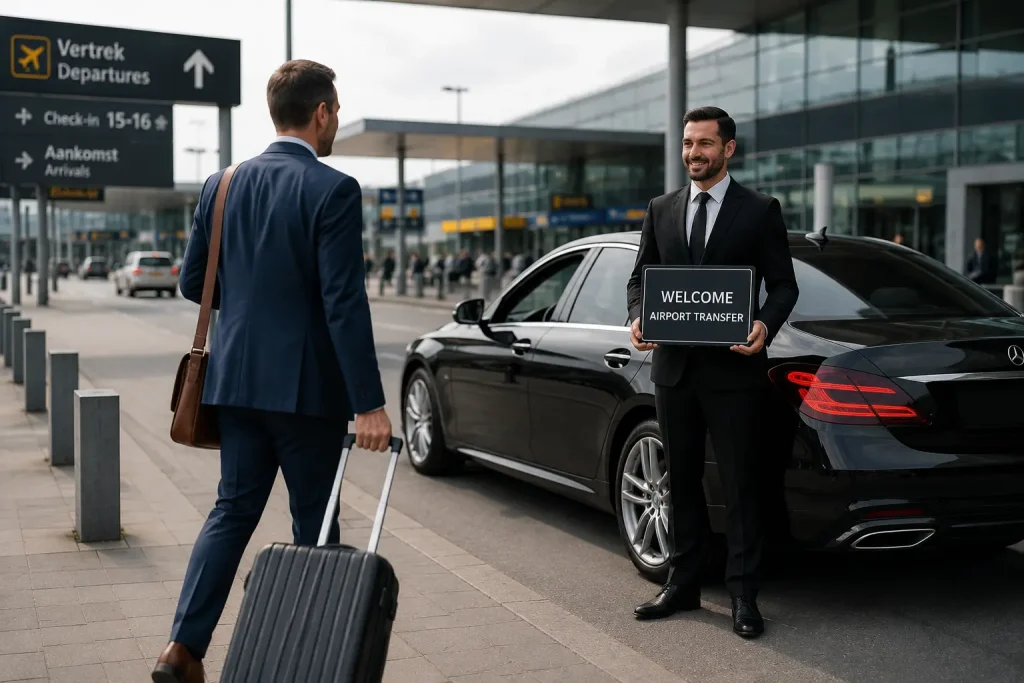 Professionele luchthavenchauffeur verwelkomt zakenreiziger