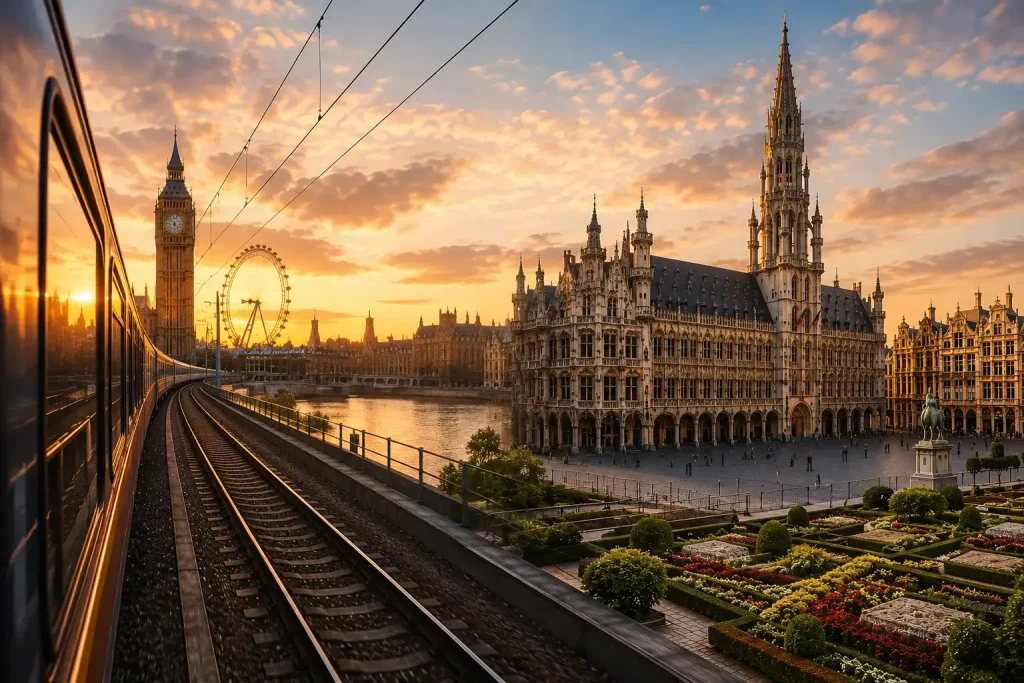 Hogesnelheidstrein van Londen naar Brussel met uitzicht op Londense bezienswaardigheden en de Grote Markt van Brussel bij zonsondergang