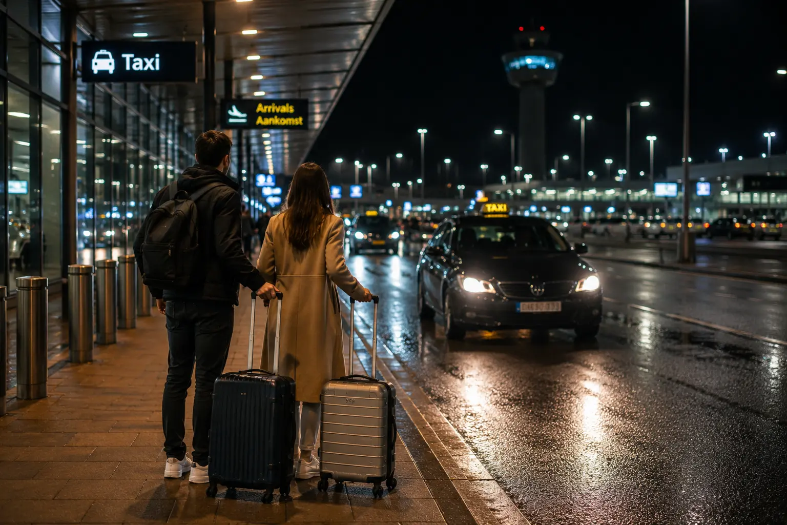 Travellers with suitcases using an airport taxi transfer outside the arrivals terminal